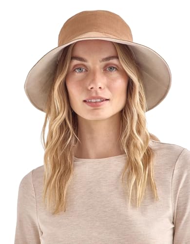 Solbari Resort Wide Brim Sun Hat UPF 50+ Packable UV Protection Sun Protective Hat Adjustable Size Ponytail Opening Stylish Breathable - Cinnamon/Beige - Small-Medium