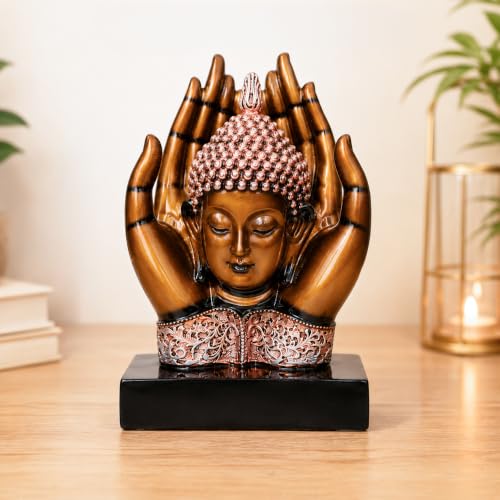Image of HindCraft Buddha Showpiece for Home Decor - Meditating Buddha Idol in Protective Hands, Spiritual Decorative Statue for Living Room, Office Desk, Meditation Room, Gift Item