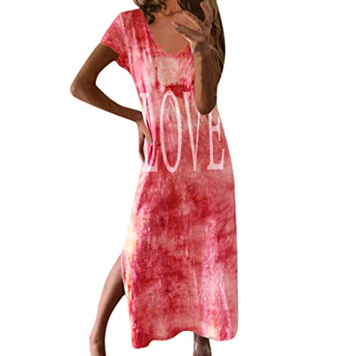 Sunnywill Women Skirt, Women Summer Loose Casual Print V Neck Short Sleeved Slit Up Maxi Dress Womens Stylish Midi Dress Evening Party Dress Red
