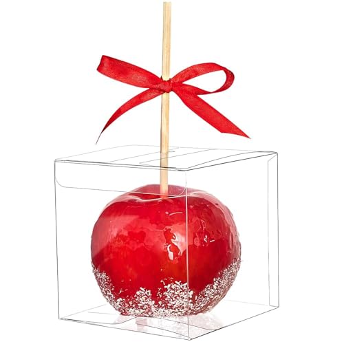 Mauproy 4x4x4 Inches Candy Apple Boxes with Hole 30 Pack Food Grade Transparent Plastic Favor Boxes with Red Ribbons for Standard and Large Caramel Apples Chocolates Treats