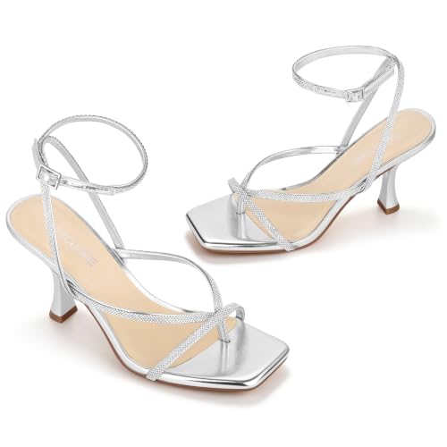 Image of Carcuume Womens Kitten Heels Square Toe Thong Strappy Ankle Strap Stiletto Heel Sandals