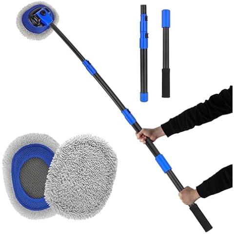 15° Bend Labor-saving Car Wash Brush with Telescopic Handle 56.7" Chenille Microfiber Soft Car Wash Mop Long Handle Car Cleaning Brush Kit with Extension Pole & Replacement Head for Clean Car RV Truck Cover
