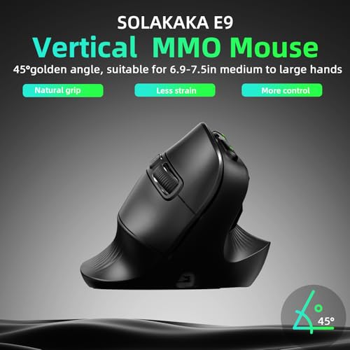 Image of SOLAKAKA E9 PRO Ergonomic Vertical MMO Mouse with 10 Side Buttons,Black | 24800 DPI,45 Vertical Grip,Tri-Mode 2.4G /BT /USB-C,RGB,Web Driver,Programmable Macros for PC /Mac