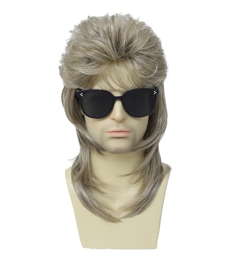 Image of 80s Mullet Wig, Vintage 70s 90s Punk Rock Disco Mullet Wig with Sunglasses, Adult Halloween Costume Cosplay Party Wig (Blonde)