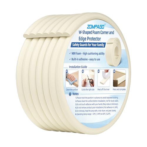 ZOMPAGO 2M Protector de Esquinas y Bordes de Espuma para bebés, Autoadhesivo Forma W, protección Seguridad Infantil para habitación, Cocina, mesas, Paredes y Chimenea, Blanco