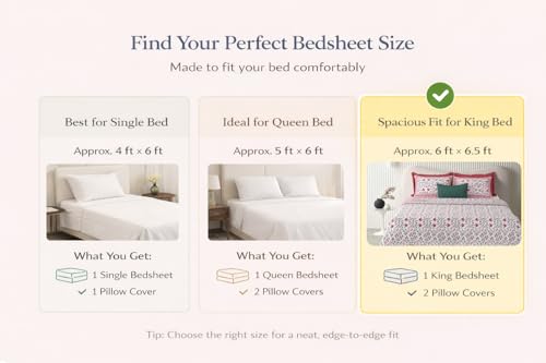 Image of ElanorHomes 240 TC Cotton Double King Size Bedsheet | Ultra-Soft & Skin-Safe | Breathable Summer Comfort | 93x108 inches with 2 Pillow Covers (Pink Shalimar Jaal)