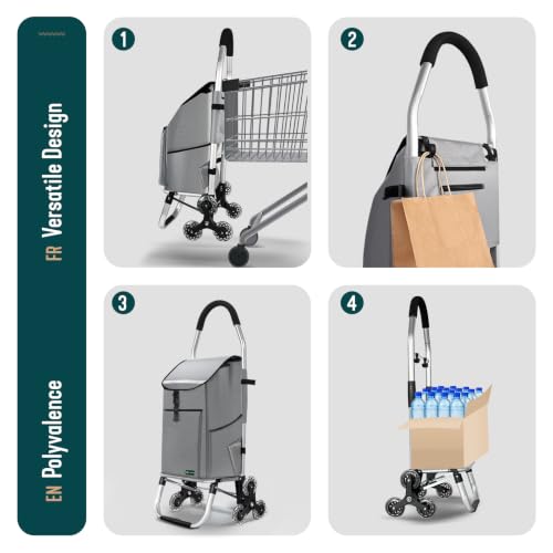Miniatura 5 de Vounot Carrito Compra Plegable De Aluminio, Carro De La Compra 6 Ruedas Con Bolsa Oxford Desmontable Y Ganchos, 58l, Gris