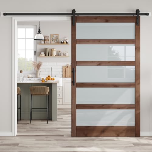 ROYMELO 48x84 inch Glass Sliding Brown Barn Door Slab with 8FT Hardware Kit, 5-Panel Frosted Glass, Easy Assembly