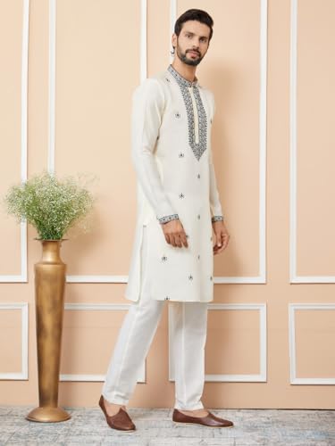 Image of See Designs Men's Long Sleeve Mandarin Collar Side Slit Cream Embroidered Chanderi Silk Straight Kurta with Pyjama