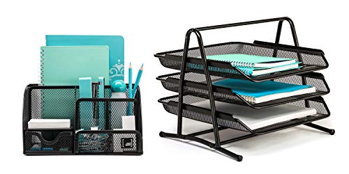 Mindspace Office Desk Organizer with 6 Compartments + 3 Tray Letter Organizer | The Mesh Collection, Black