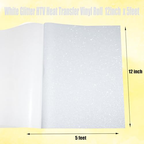 Image of White Glitter Heat Transfer Vinyl White HTV Vinyl Rolls 12inch x 5feet Iron On Vinyl for T-Shirts Totes and Bags, Easy to Cut & Weed for Silhouette Cameo, Heat Press Machine