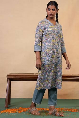 Image of Folksong Women's Opal Blue Cotton Straight-Fit Floral Hand Block Printed Kurta