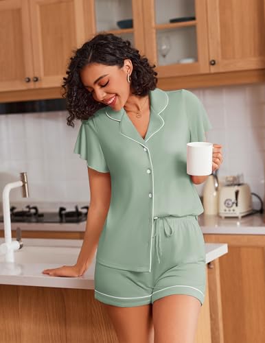 Ekouaer Pajamas for Women Set Button Up Pjs Short Sleeve Ruffle Sleepwear Notch Collar Bride Soft Pj Lounge Sets S-XXL4