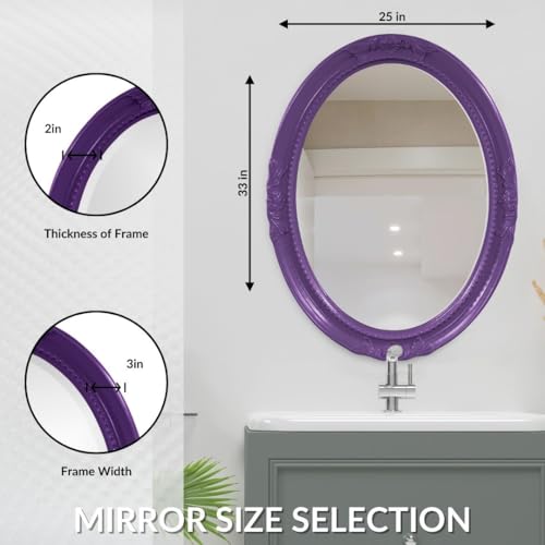 Image of Howard Elliott Collection Queen Ann Oval Glossy Royal Purple Wall Mirror, Oval Bevelled Hanging Wood Framed Vanity Mirrors for Home Decor, Living Room, Bathroom, Bedroom, or Hallway, 25 x 33 Inch