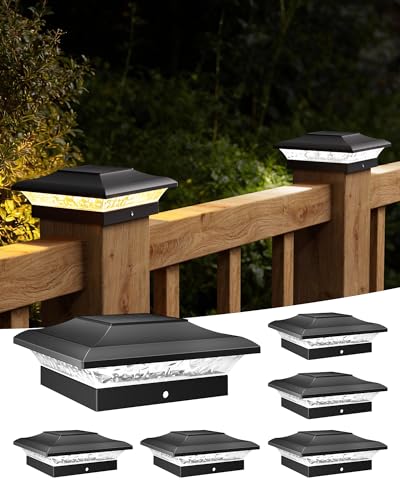 T-SUN Solar Post Cap Lights 6 Pack for 4x4 Vinyl/Wooden Posts, Waterproof Outdoor Warm & Cool White(3000K/6000K) Solar Powered Deck/Garden/Patio Lighting