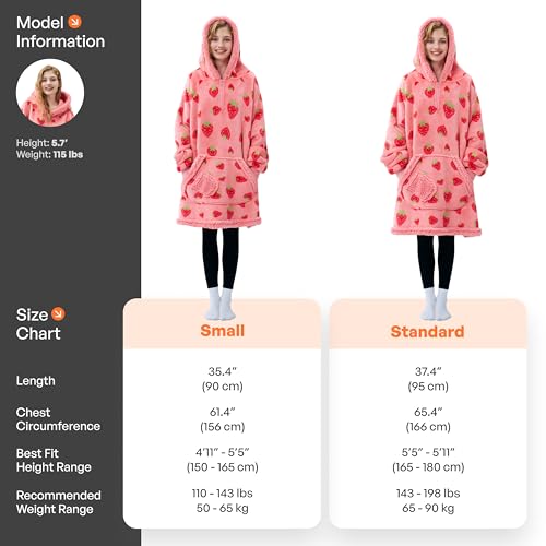 Image of Giggling Getup Wearable Blanket Hoodie for Adults Gifts for Teen Girls Sister Women Sherpa Fleece Printed Hooded Blanket Sweatshirt Warm Cozy with Pocket & Sleeves Strawberry