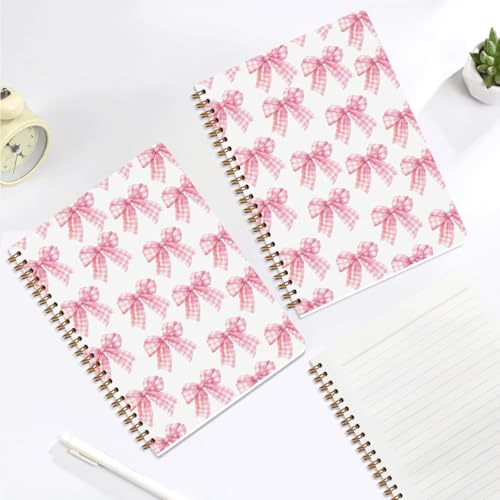 Image of 2 PCs Coquette Pink Bows Spiral Notebook Trendy Preppy Plaid Bow Journaling Notebooks Aesthetic Design Gifts for Women Girls Note Book Writing Journal Hardcover Notebook Classroom Office Supplies