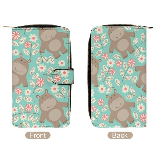 Hippo PU Leather Womens Wallet Large Capacity Zippered Bifold Purse with 12 Card Slot Coin Case, 19.7x11x3.5cm, style-173