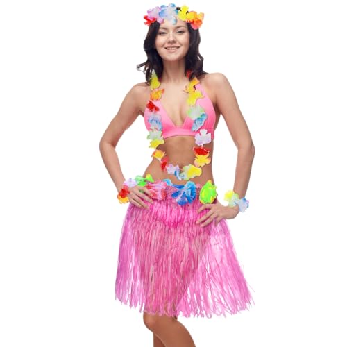 Abeillo 5 Pack Hawaiian Hula Grass Skirt for Hawaii Luau Party, Hula Dancing Skirt with Hawaiian Lei Hawaii Party Dress Up Costume Accessory (Pink)