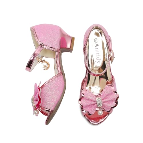 Image of Amtidy Girls Glitter Bow Low Heel Princess Shoes, Mary Jane Ankle Strap Dress Pumps for Wedding Birthday Party Performance