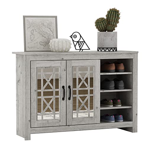 Galano Isadora 16 Pair Shoe Cabinet With 2 Door With Shelves - Modern Shoe Rack - Free Standing Shoe Storage - Acrylic Mirror With Doors - Easy Assembly - Mexican Grey #TOP5