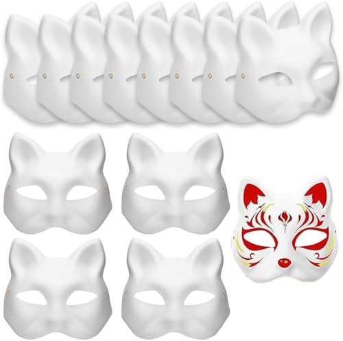 12 Pcs Cat Masks to Decorate, Therian Pure White Paper DIY Blank Fox Hand-Paintable Anime Half Face Masks for Masquerade Carnival Cosplay Halloween
