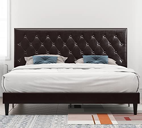 Einfach King Platform Bed Frame With Adjustable Faux Leather Diamond Stitched Button Tufted Headboard, Sturdy Wooden Support And No Box Spring Needed, Espresso #TOP1