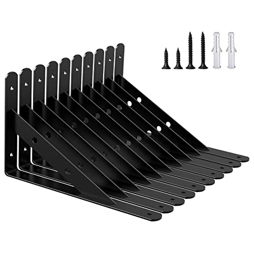 Juformin Heavy Duty Shelf Brackets, 10 Inch X 6 Inch L Brackets for Shelves Wall Mount,90 Degree Triangle Floating Shelf Bracket Black,10Pack, SF002