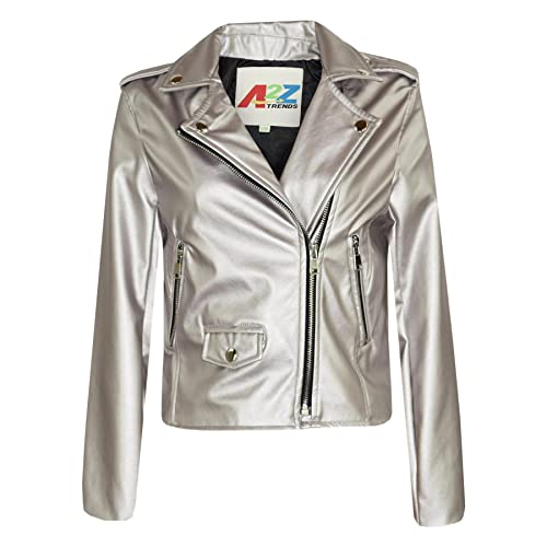 Girls Jackets Kids PU Faux Leather Metallic Silver Jacket Zip Up Biker Coat 5-13
