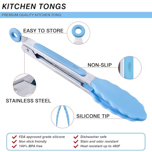 Image of Premium Steel and Siliconel Heat Resistant Kitchen Tongs for Cooking | Non Scratch Silicone Tip for Pans,Air Fryer,Barbeque, Serving | 10 inch - 230C Heat-Resistant (Pack of 01) (Blue)