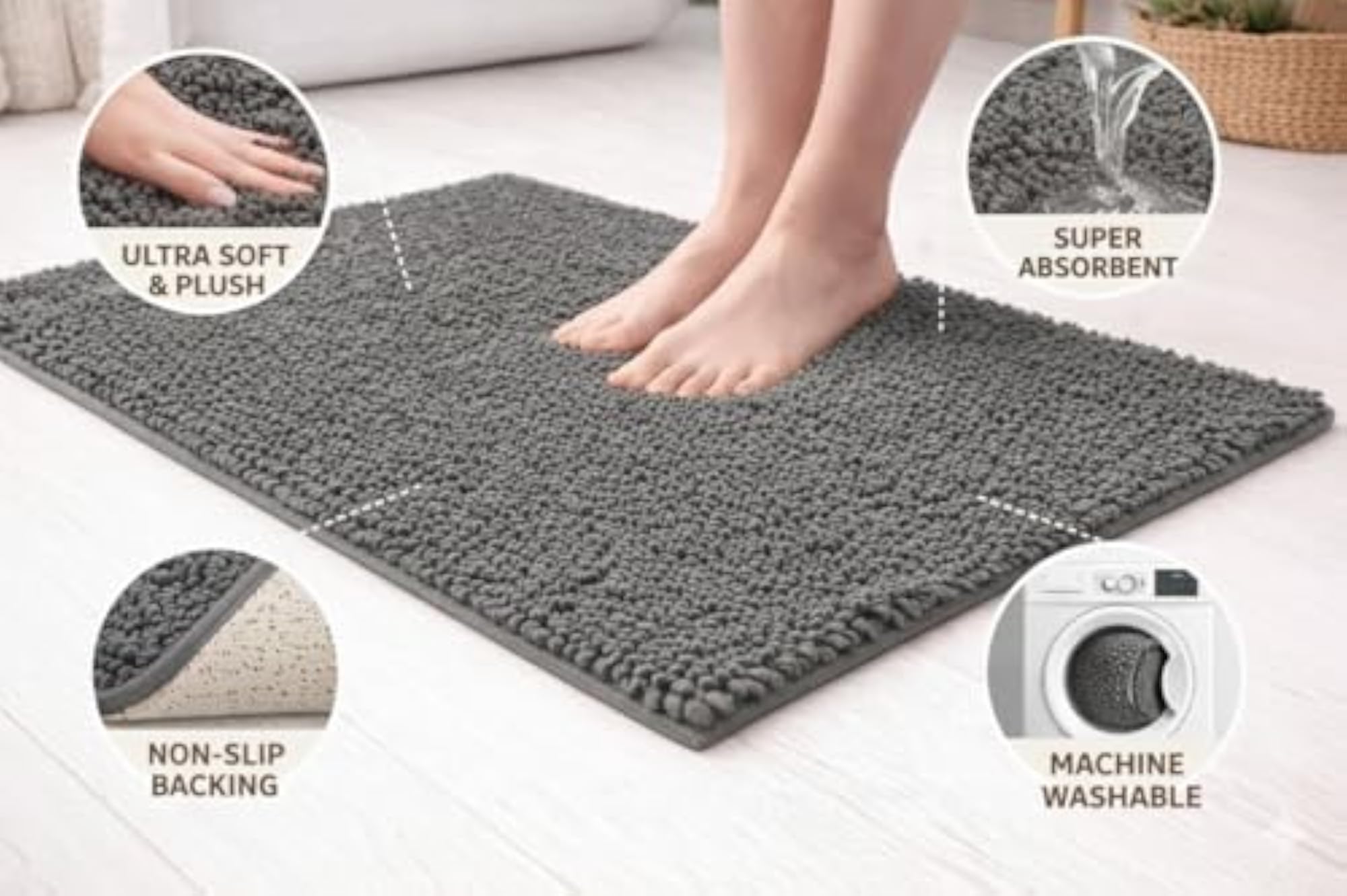 Microfiber Bath Mat, Anti-Slip Grey