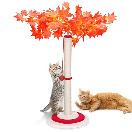 Masthome Albero Tiragraffi per Gatti,Palo Tiragraffi Gatto con Corda di Sisal, Una Palla Appesa e Telaio Rotondo a 3 Base,Albero Rampicante in Sisal Premium per il Gioco in Casa con Gatti,Rosso