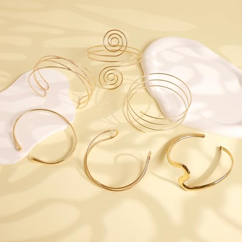 6Pcs Arm Cuff Gold Upper Arm Cuff Bracelet for Women Adjustable Open Cuff Bangle Minimalist Coil Swirl Armlet Armband Jewelry Set2