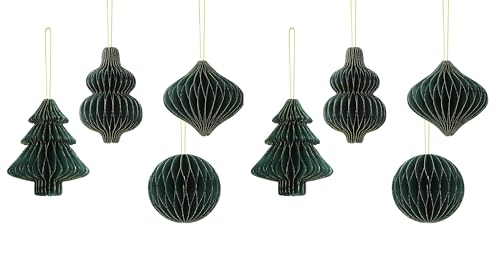 MoDiBa Weihnachtsdeko | 8 Anhänger-Set: je 2X Ornament, Baum, Glocke, Kugel | 7-10 cm | Glitzerrand | Christbaum | Recyceltes Papier FSC Zertifiziert (Dunkelgrün)