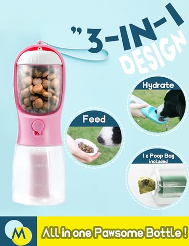 Image of Portable Water Bottle for Small Dogs, 3 in 1 Animal Pet Travel Bowl Dispenser with Food Treat Container & Poop Bag Holder, Summer Hiking Walking Accessories for Puppy On The Go - Pink, 10oz