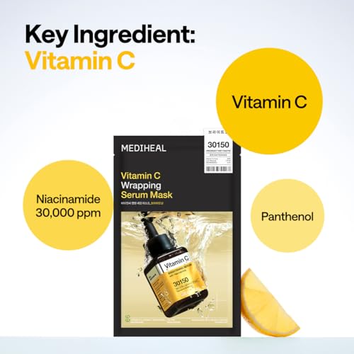 Image of MEDIHEAL Wrapping Serum Mask [Vitamin C] - Contains 98% Pure Vitamin C & Niacinamide for Glow Boosting - Helps Improve Radiance for Dull Skin & Evens Out Skin Tone - Provides Healthy Glow (10 Sheets)