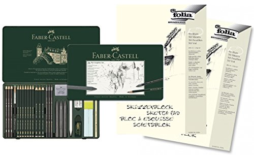 Faber-Castell 112974 - Pitt Graphite Set Zeichenset 26-teilig, professionelles Bleistift & Graphit Set mit Castell 9000, Aquarell Graphit, Kreiden & Zubehör (Groß + 2 Skizzenblöcke)