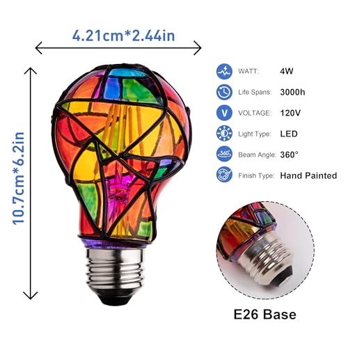 CybaaLuxzus Stained Glass Light Bulb,Rainbow Painted Light Bulb,Mosaic Light Bulb,4W 120V,Multi Colored Colorful Light Bulb Indoor,Fun Romantic Light Bulbs,Unique Decorative Light Bulbs