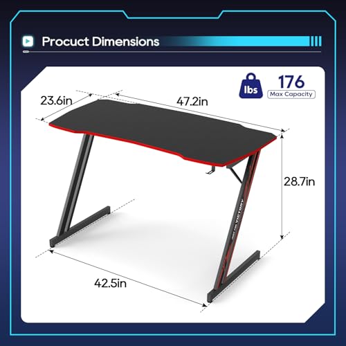 Image of BestOffice Gaming Desk Z Shaped 47 inch PC Computer Desk Computer Workstation Ergonomic Gaming Table with Headphone Hook for Game Players, Black&Red