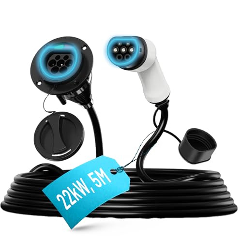 Extensión de cable de carga tipo 2 para coche eléctrico, 5 m, 22 kW, conexión hembra a macho, 3 fases, 32 A, resistente al calor y a la presión, impermeable, certificado CE y UKCA, 5 metros
