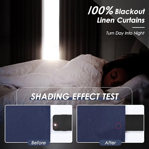 Image of Classic Blue 100% Blackout Linen Curtains for Bedroom 90 Inches Long Back Tab Thermal Insulated Modern Coastal Decor Black Out Curtain for Living Room Dining Room Rod Pocket Drapes 52x90, 2 Panels