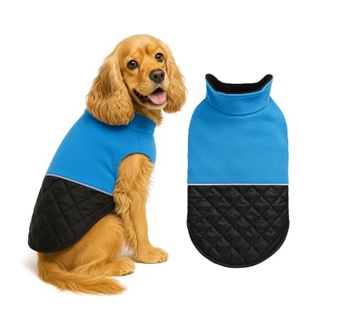 Image of The Pets Company Dog Winter Coat Jacket, Clothes, Windproof, Light Weight, Washable, Ultra Warm Thick Fleece Lined Dog Vest for Cold Weather Protection, (Reversible Blue, Medium - 18 Inch)