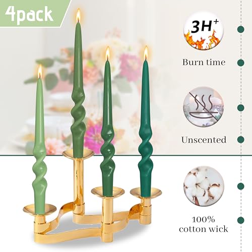 Image of Gradient Green Smokeless Candles Handmade Twisted Taper Candle 9.5 Inch Long Spiral Candlesticks Unscented Candles for Holiday Wedding Party Decor Gifts 4 Pcs