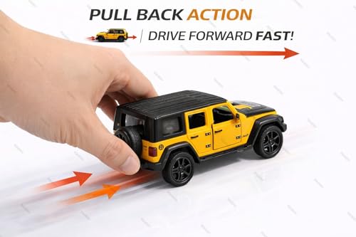 Image of 1:36 Scale Rubicon Car Model - Die-Cast Metal Pull Back SUV with Openable Doors, Lights & Music - Alloy Off-Road Toy Vehicle for Kids, Boys & Collectors (Yellow)