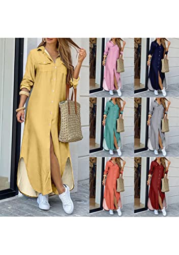 Image of YMING Women's Long Sleeve Button Down Shirt Dress Spring Casual Maxi Dresses Loose Fit Blouse Dress with Pockets