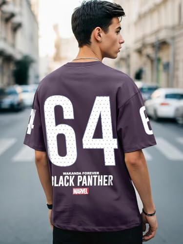 Image of Bewakoof Heavy Duty 1.0 Official Marvel Merchandise Black Panther Men's Graphic Print Oversized Fit Half Sleeve Round Neck Cotton T-Shirt