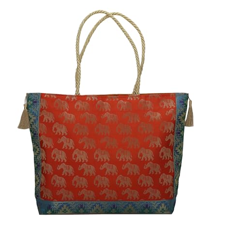 Image of Designer Ethnic Handmade Brocade Silk Tote Bag For Women's Shoulder Bag Shopping Bag For Girls 16 Inch