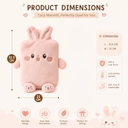 Image of Rabbit Hot Water Bottle with Soft Plush Cover 1 Litre Classic Silicone Bag for Pain Relief, Period Cramps, Hand & Feet Warmer, Leak-Proof Hot & Cold Therapy with Cute Removable Bunny Sleeve