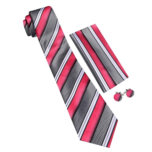 Image of Barry.Wang Tie Sets for Men Silk Stripe Necktie Woven Checkered Handkerchief Cufflinks Formal Business Wedding