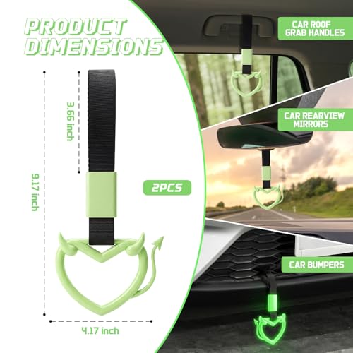 Image of 2 Pcs Devil Heart Shaped Car Handle Strap - JD M Drift Charm Rear Bumper Warning Ring Decor for Car Interior Exterior, Subway Bus Handle Accessory, Cute Heart Car Decor Gift (Luminous-Tail)